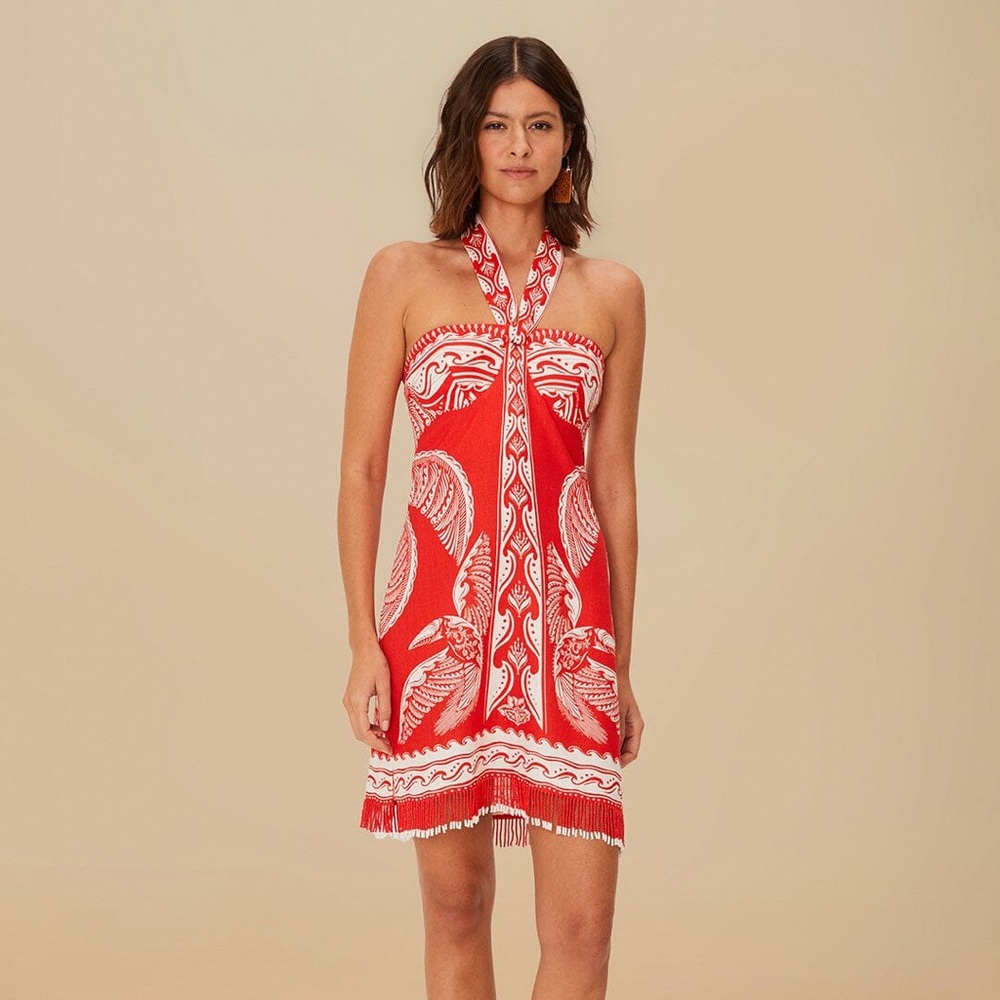 FARM Rio Beaded Fringe Red Off-White Majestic Coconut Mini Dress Size Small NWT - Picture 2 of 16
